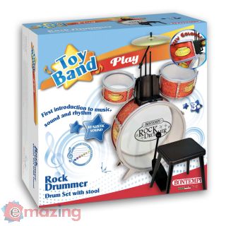 Toy Band. Rock Drummer. Batteria Grancassa Con Pedale 2 Tamburi Piatto Metallico Con Sgabello