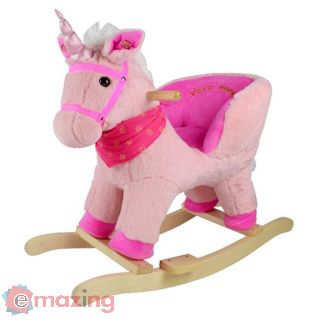 Sport1 Unicorno a Dondolo con Suoni. Cavallo a Dondolo per Bambini +10 Mesi in Peluche e Legno. Effetti Sonori. Dondolo Bambini 68x33x50cm. Seduta Comfort con Schienale Integrato. Rosa. Idea Regalo