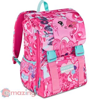 Mitama Zaino Estensibile 4 Zip, Cutiecat, Rosa, Maxi Capienza, Tasca Porta Borraccia, Doppio Scomparto, Schienale Preformato, Bambina, Scuola Elementare