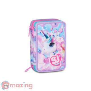 Astuccio 3 Zip Corredato Led Unicorn Girl Sj Gang con 45 Pezzi e Triplo Scomparto per Scuola Primaria